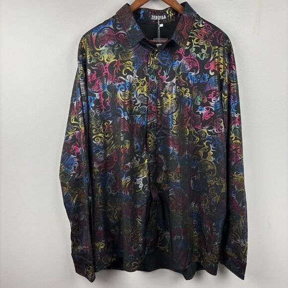 ZEROYAA Men's Metallic On Black Printed XL LongSleeve Button Dress Shirt Rainbow - Picture 2 of 10